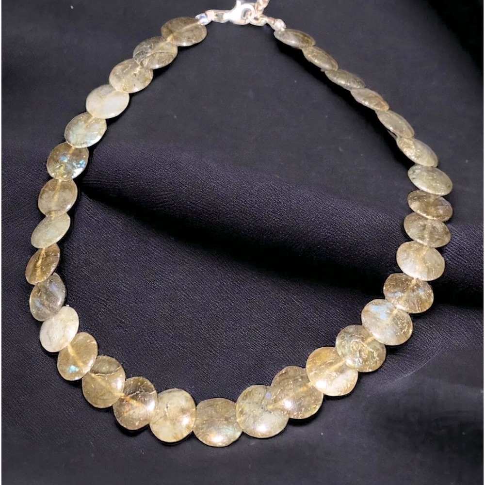 Labradorite Moonstone Disc Bead Beaded Sterling Silver Choker Necklace